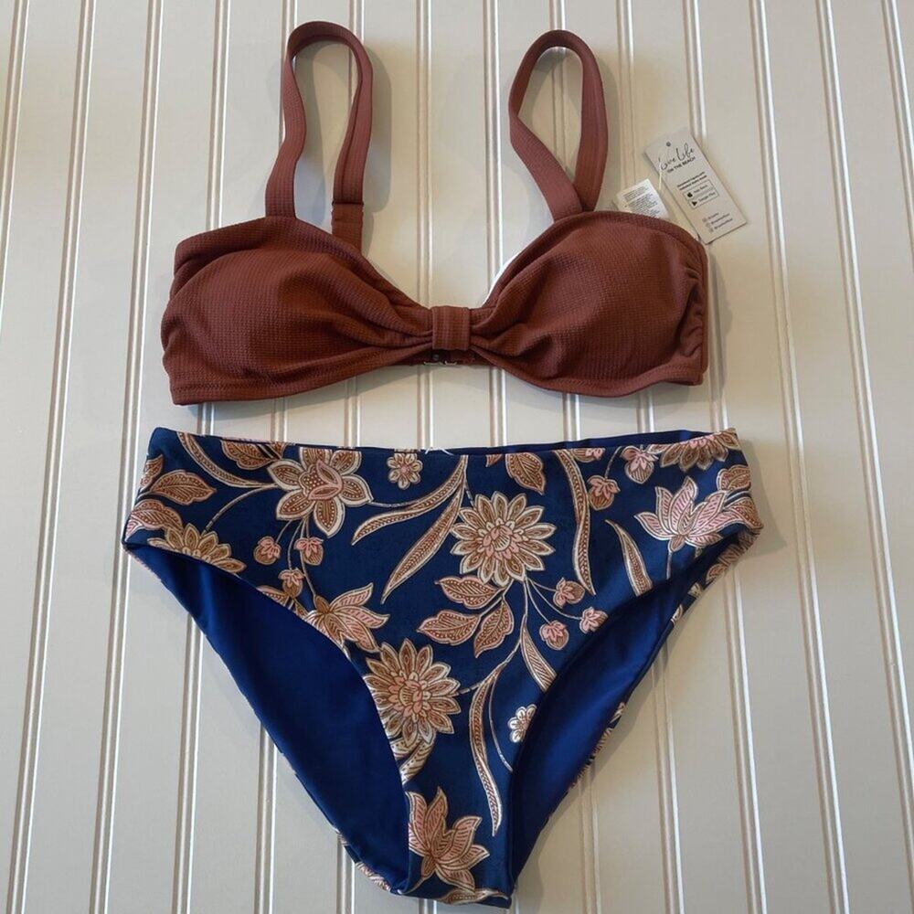 Cupshe Women Brown Bikini Set Floral Bottom High Waist 2 Piece L NWT